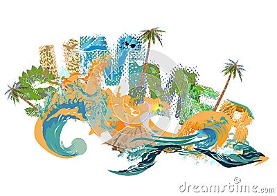 Lettering summer with animal textures with tropical flowers and waves. Vector Illustration
